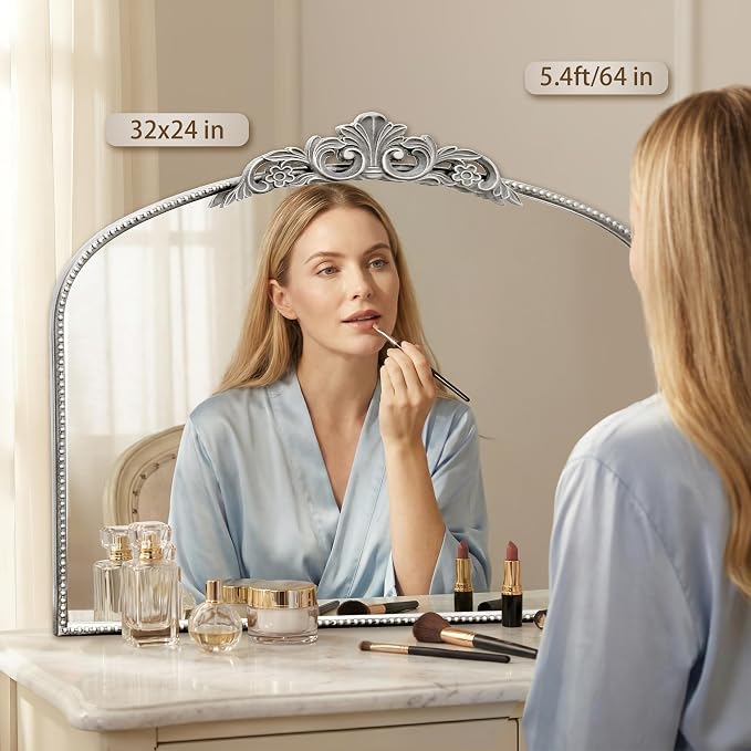 Micasso Vintage Wall Silver Mirror: 32"x24" French Baroque Antique Mirror - Traditional Ornate Decorative Arched for Wall/Bathroom/Entryway/Fireplace/Hallway - Home Decor for Living Room
