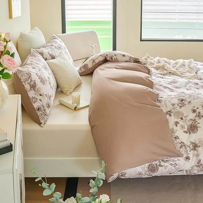 Brown Floral Duvet Cover Set 100% Percale Cotton King Size Shabby Vintage Toile Flower Printed Comforter Covers with Zipper, Soft & Breathable French Country Bedding 3Pcs-Not Comforter