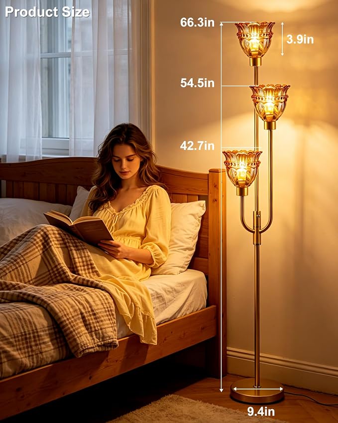 Lightdot 66IN 3-Lights Modern Glass Floor Lamp Gold Dimmable Floor Lamps with 3000K Warm White Bulbs for Wedding Party Tall Standing Lamp with Amber Glass Shade for Living Room/Bedroom/Home Decor