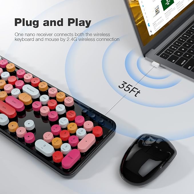 Wireless Keyboard and Mouse Combo, MOWUX Colorful Computer Full Size 2.4G Plug and Play Wireless Typewriter Keyboard and Mouse Set for Windows, Computer, Desktop, PC, Notebook (Black Colorful)