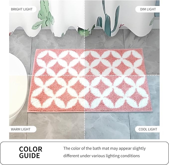 Civkor Pink and White Bathroom Rug Non Slip Washable, Cute Bath Mat for Bathroom with TPR Backing, Quick Dry Fluffy Microfiber Piles, Super Water Absorbent Thin Bath Rug Fit Under Door, 31x20Inch