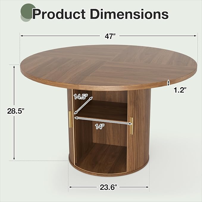 47" Round Dining Table for 4-6, Space-Saving Dining Room Table with Core Rolling Shutter Storage Shelf and Thick Tabletop, Wood Grain Dinner Table for Kitchen, Dining Room, Living Room, Walnut