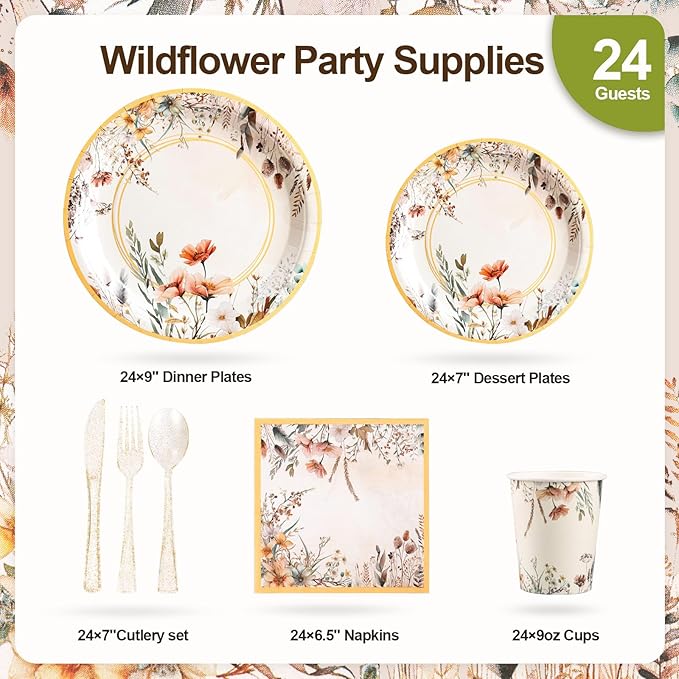 Spring Wildflower Party Decorations,Wildflower Birthday Decorations,Floral Paper Plates and Napkins Sets- Plates,Cups,Napkins,Cutlery for Baby Shower Birthday Bridal Shower Decorations,Serves 24
