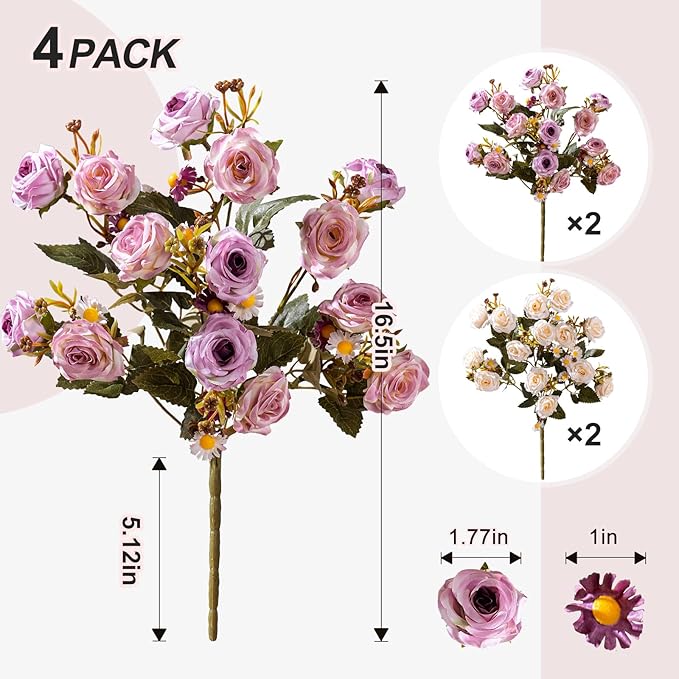 Artificial Rose Flowers for Outdoor 4 Bundles Rose Bouquet with Daisy Faux Flowers UV Resistant for Home Indoor Outside Garden Porch Window Box Balcony Yard Porch Fall Decor (White+Purple)