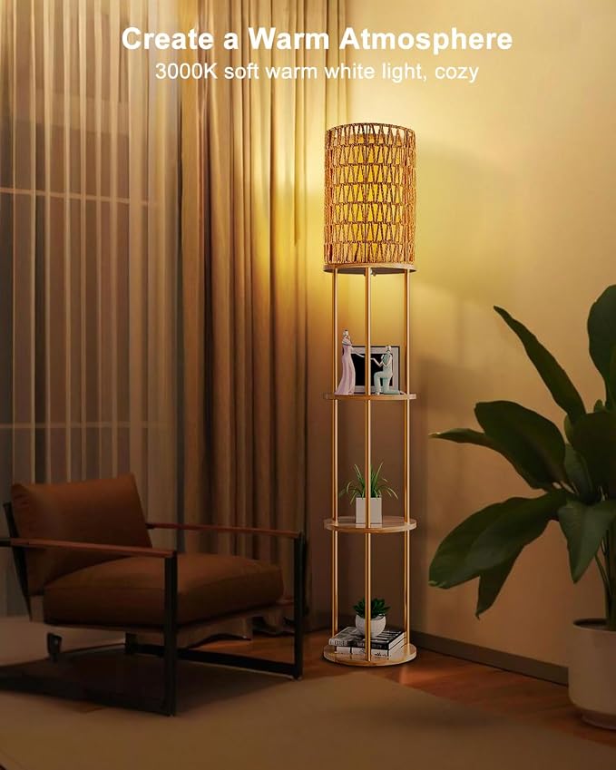 Lightdot 61" Rattan Floor Lamp with Shelves, 3-Tier Storage Shelves with 3000K Bulb Included, Solid Wood Design, Corner Bookshelf Floor Lamps for Living Room/Sofa Beside/Corner Decor-Gold