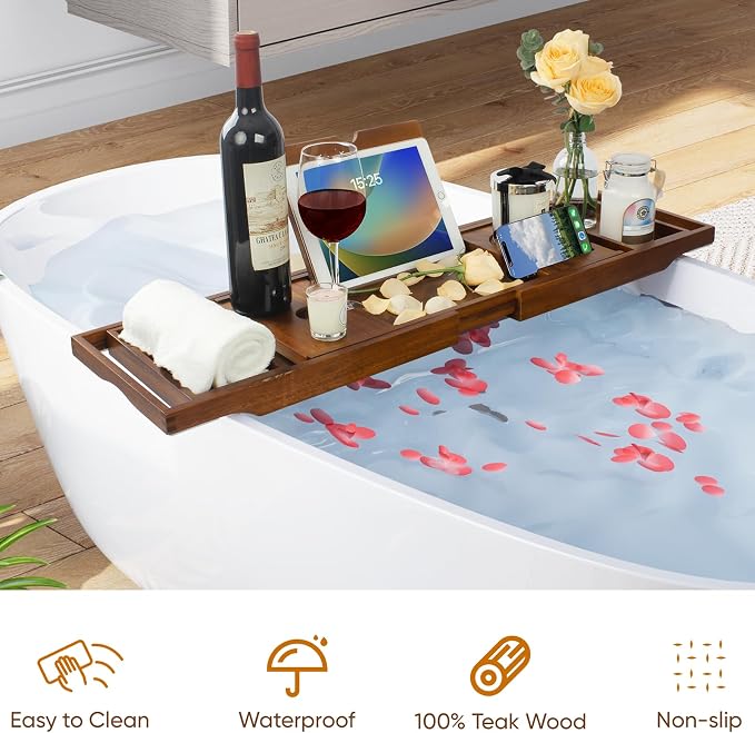Expandable Solid Teak Wood Bathtub Caddy Tray, Adjustable Bath Tub Organizer for Bathroom Spa, Luxury Bath Accessories (Dark Natural Teak, Non‑Foldable Structure)