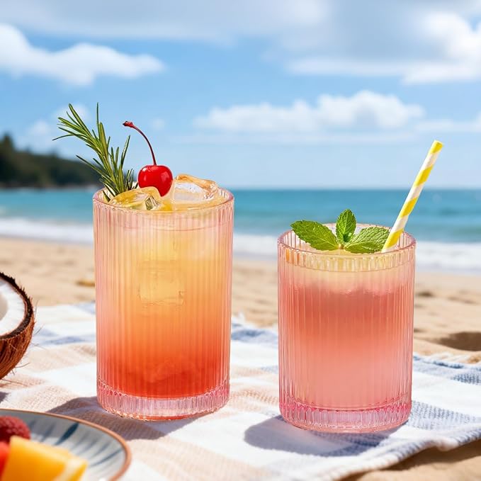 14 oz & 18 oz Ribbed Drinking Glasses Set of 12, Vintage Iced Coffee Cups Elegant Glassware, Highball Glass Cups Ridged Glass Tumbler for Cocktail, Whiskey, Beer, Water, Juice, Origami Style Pink
