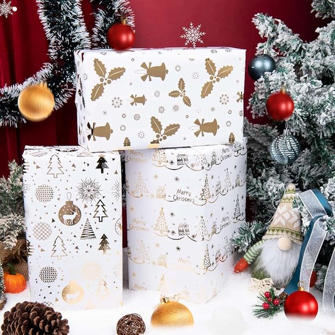 Linnoptimix Christmas Wrapping Paper Rolls -3 LARGE ROLL-27inch*78 inch per roll Colorful Foil White Gold wrapping paper(Christmas 3 White/Gold（002）)