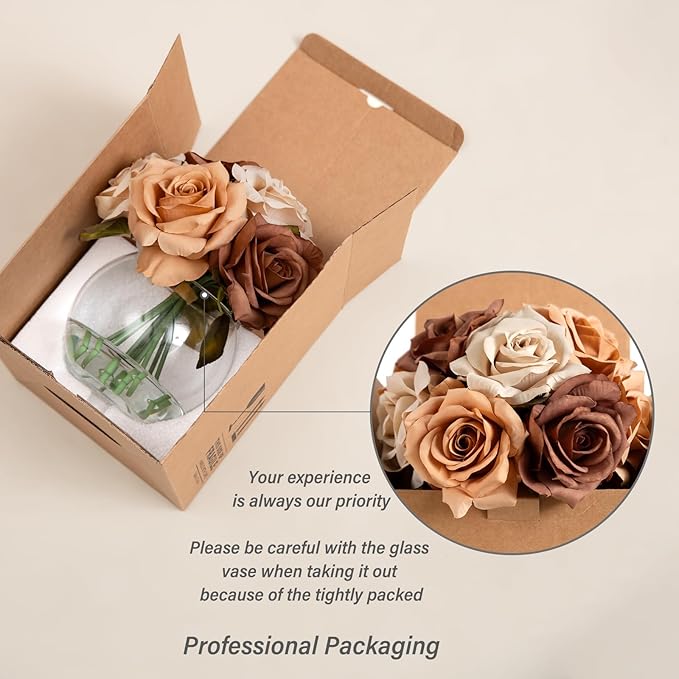 WELL KNOWN Silk Rose Artificial Flowers Arrangements with Vase, Artificial Coffee & Orange Rose Bouquet in Vase with Faux Water for Fall Home Party Wedding Table Centerpieces Decor & Gift (Earth)