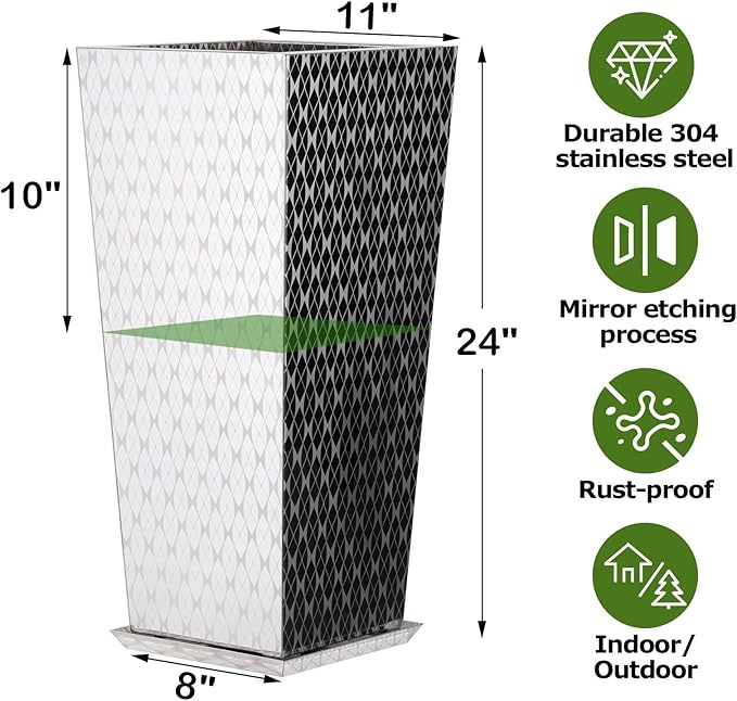 Luxury Stainless Steel Sliver Taper Tall Planter Box Set of 2 with Mirror Etching No Coating 24”H Top 11” Bottom 8”, Decrative Pot Indoor, Modern Décor for Home,Office,Tall Plants,Trees,Flowers