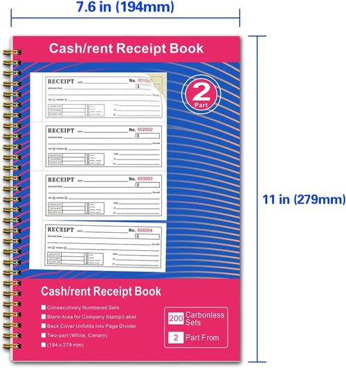 Ougesi Receipt Book - Carbonless Money & Rent Receipts | 200 Sets, 2-Part, 7.5" x 11" Size