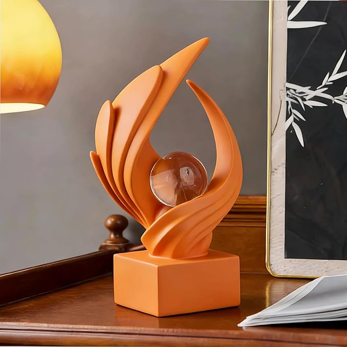 Modern Art Statue Decor, Abstract Swirl-Shaped Sculpture with Glass Ball Resin Art Figurines Centerpiece Sculptures for Home Decor Living Room Stand Coffee Table Office Bookshelf Decoration (orange)