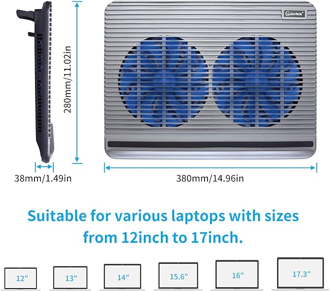 Laptop Cooling Pad, Coolertek USB Powered Laptop Cooler, 2 Blue Silent Big Fans, Height Adjustable Non-Slip Laptop Stand with Dual USB 2.0 Ports, Fits 11-17Inch Notebook - Gray (N2)