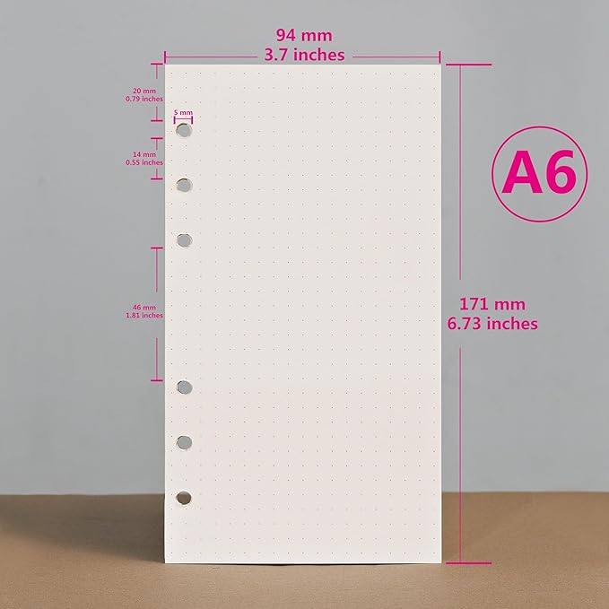 A6 Loose Leaf Refill Paper, 171x94mm, 135 Sheets Dot Grid Planner Refills, 6-Ring Binder Compatible, 100GSM Insert Papers for Notebooks, School, Office, College Notes, Journaling & Printing
