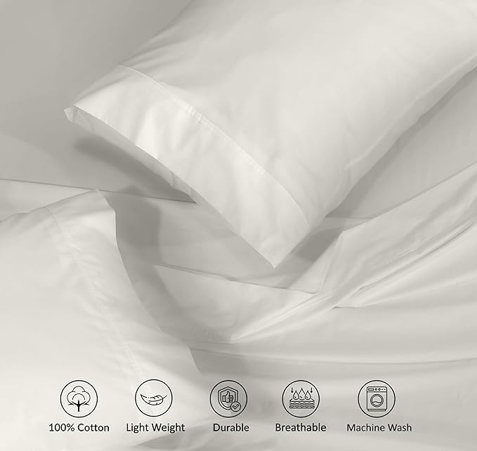 RUVANTI 100% Cotton Twin XL Sheet Sets, 3 Pieces, Soft & Breathable Percale Weave Bedding, Deep Pocket 16", Hotel Standard, Crisp Cool Feel, Durable, Perfect Size Dyed Sheets, Ivory