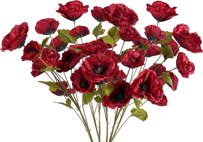30 Heads 6 PCS Red Poppy Flowers Artificial Flowers Silk Flowers 32 in Poppy Flowers for Wedding Home Party Table Centerpiece Arrangement Decoration (Red)