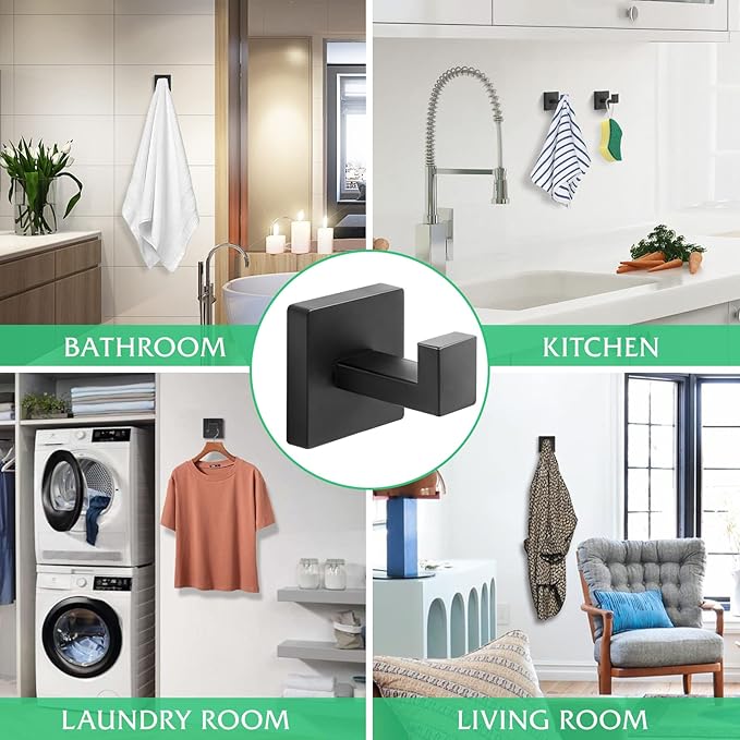 Heavy Duty Stainless Steel Towel Hooks, Wall Mounted Square Robe Hooks for Bathroom, Kitchen, Bedroom, Hotel Matte Black 2 Pack