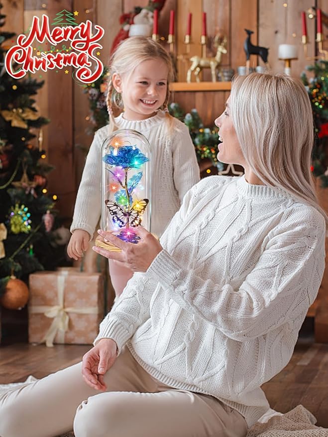 Beferr Birthday Gifts for Women Mom, Galaxy Glass Rose Forever Preserved Flowers for Delivery Prime Eternal Rose in Glass Dome Christmas Mom Gift for Grandma Wife Sister Her Friends, Blue