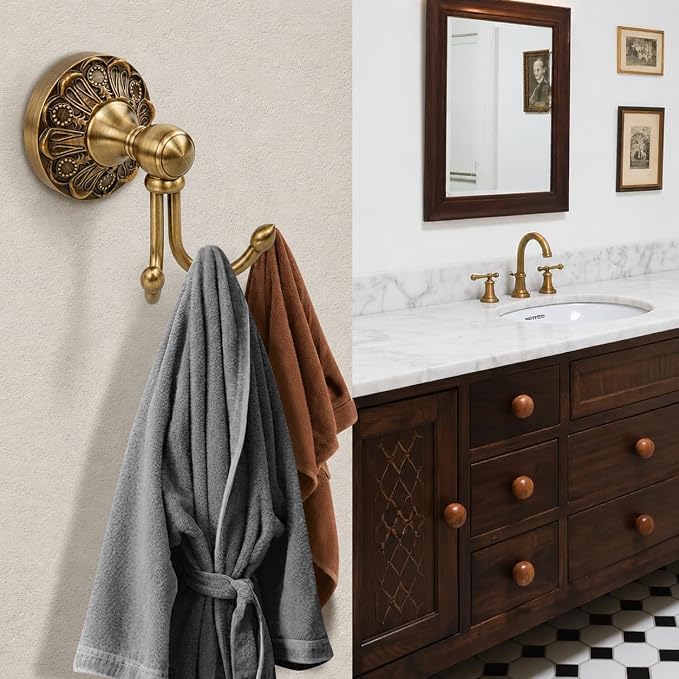 Antiuqe Brass Towel Hook, Brass Bathroom Robe Hook, Rustic Double Towel Hooks Bath Farmhouse Coat Clothes Hook Wall Mounted for Bathroom Kitchen Storage Vintage