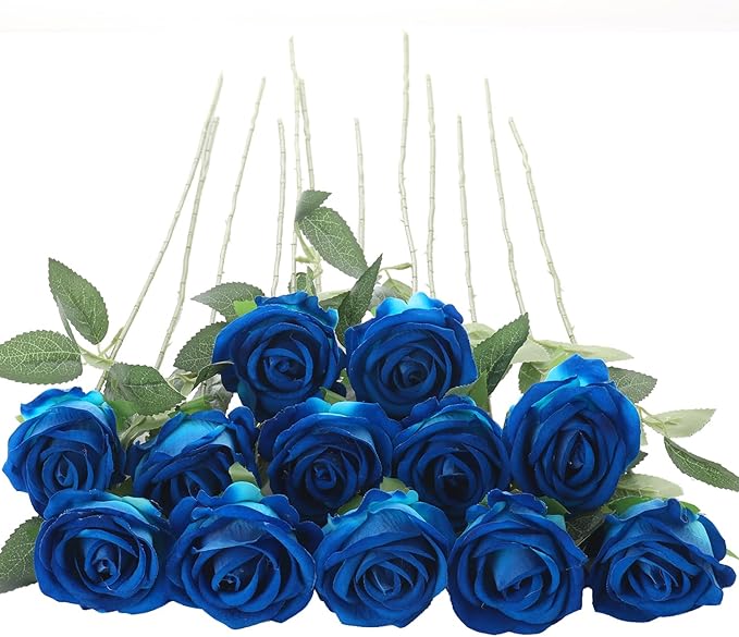 12Pcs Blue Roses Artificial Flowers Fake Roses Faux Velvet Silk Flower for Home Wedding Decoration (Pearl Rose, Blue)