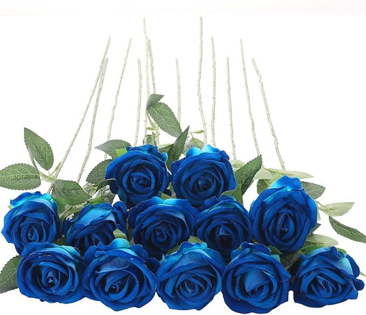 12Pcs Blue Roses Artificial Flowers Fake Roses Faux Velvet Silk Flower for Home Wedding Decoration (Pearl Rose, Blue)