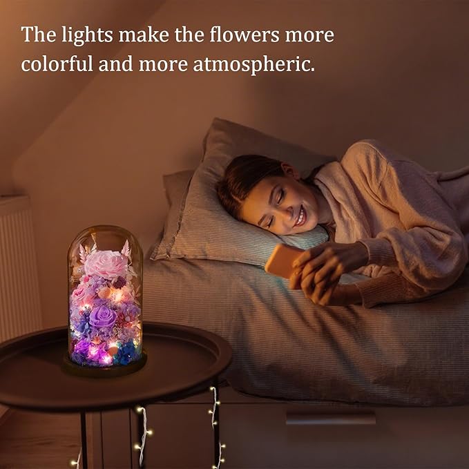 Flowers for Delivery - Forever Flowers Rose in Glass Dome with LED Lights, Large Size Preserved Roses Gifts for Women, Mom, Wife, Friend -Birthday, Anniversary, Valentine's Day Gift (Pink + Purple)