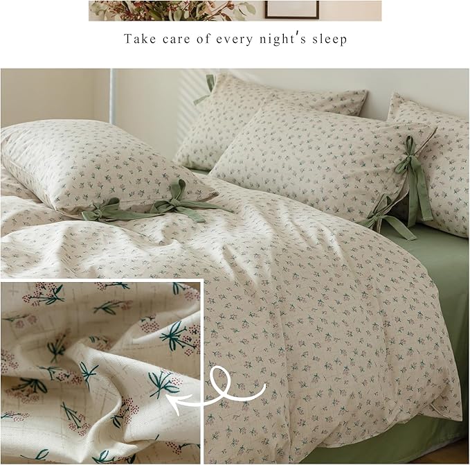 LifeTB Green Floral Comforter Set Queen Vintage Coquette Bedding Comforter for Girl Women Floral Botanical Comforter with 2 Bow Ties Pillowcases Cottagecore Bedding Flowers Comforter Set Queen Size
