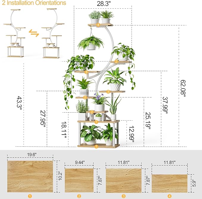 BACEKOLL 8-Tiered Plant Stand With Grow Lights - 62" Tall Indoor Shelf for Multiple Plants, Metal S-Shaped Flower Holder Rack for Home, Patio (White)