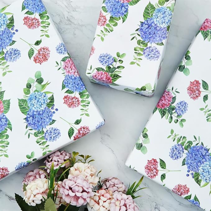 Geluode Floral Gift Wrapping Paper, Hydrangeas Wrapping Paper for Girls Lady Women, 4 Sheets Elegant Bridal Shower Engagement Gift Wrap For Birthday Wedding Anniversary Valentine's Day