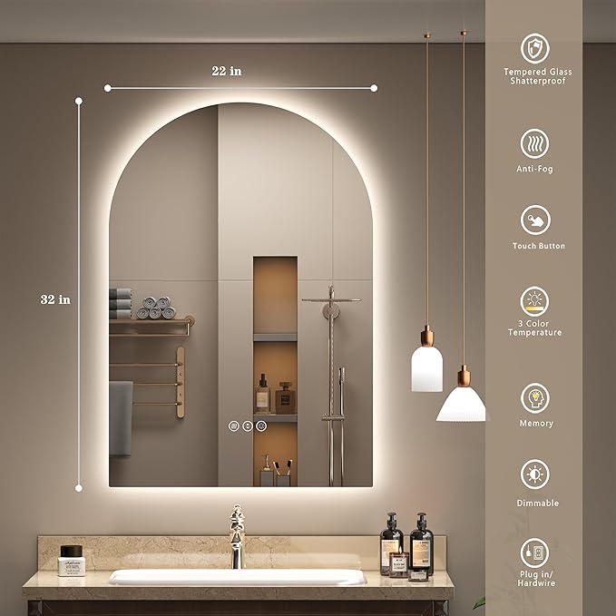 22x32 Arched LED Bathroom Mirror with Lights, Lighted Bathroom Vanity Mirror for Wall, Dimmable Backlit, Anti-Fog, Memory, ETL Listed