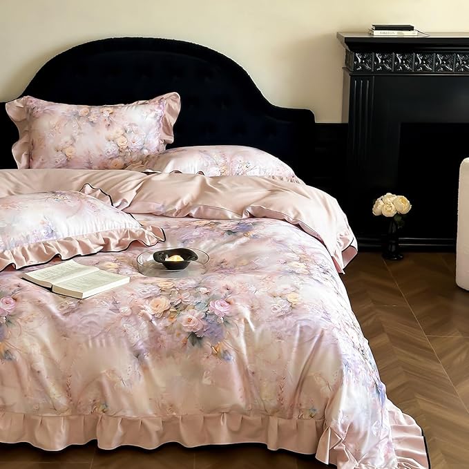 HighBuy Pink Floral Ruffle Duvet Cover Twin XL,Ruffle Lace Floral Bedding Set for Girl College,Soft Brushed Cotton Comforter Cover with Zipper for Hot Sleepers,Breathable & Fade-Resistant