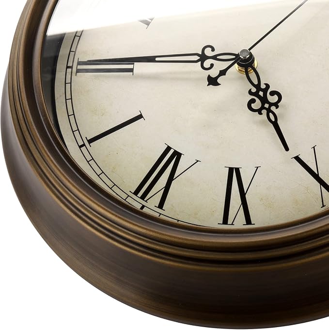 Plumeet Large Metal Wall Clock, 13'' Non Ticking Classic Retro Silent Iron Clocks Decorative Kitchen Living Room Bedroom, Roman Numerals, Battery Operated(Brown)