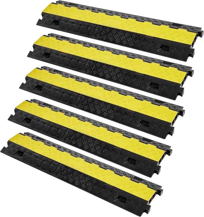 VEVOR 5 PCs TPU Cable Protector Ramp - Heavy Duty 2-Channel Speed Bumps for Road, Odor-Free Eco-Friendly TPU with TPR Cover, for Driveway, Hose, Floor Cord Cover, 22,000 lbs/Axle Capacity