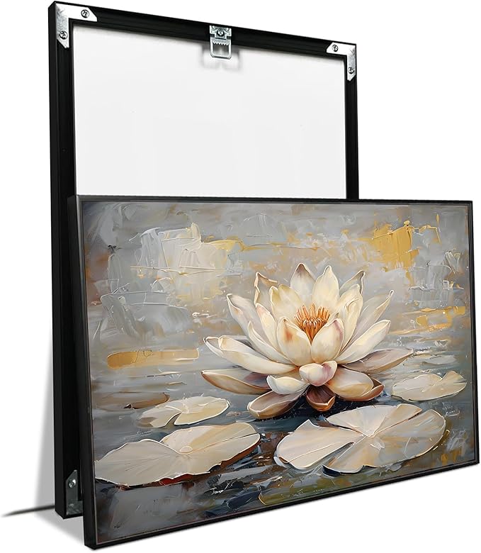 Ethereal white lotus floating on Crystal Waters poster vintage oil painting printwall art soft blush and gold accents serene home and office decor dreamy 16x24in Metal blackFramed