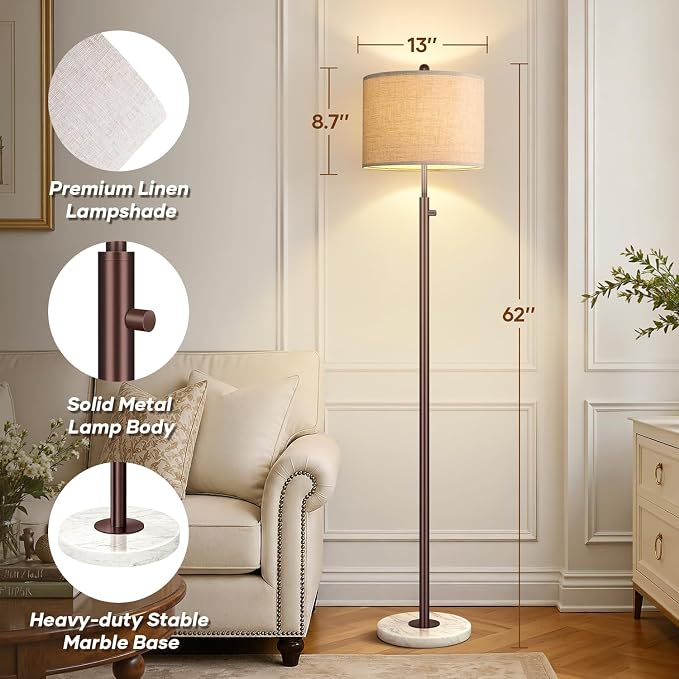 Nintiue 【Upgraded】 Dimmable Floor Lamp for Living Room, 11W LED Bulb Included, Modern Standing Lamp with Marble Base, Tall Pole Light with Linen Shade for Bedroom Reading Office Corner Nursery-Brown