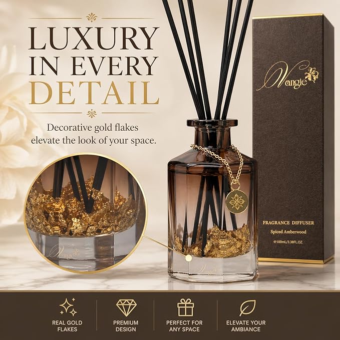 VANGIE Luxury Reed Diffuser for Home | Spiced Amberwood Warm & Woody Scent | Elegant Glass Bottle with Gold Flakes | Long-Lasting, Vegan | Bedroom, Living Room & Office