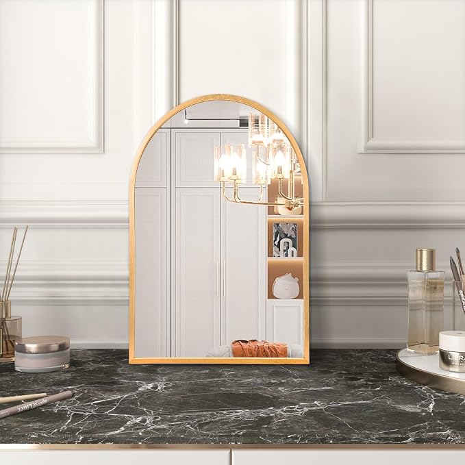 Wall Mirror Arched Bathroom Mirrors, Aluminum Alloy Frame Hanging Vanity Mirror for Living Room Bedroom Entryway Vanity, Brushed Metal Framed Wall Mounted Mirror Gold 16"x12"
