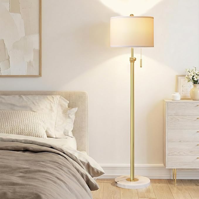 PARTPHONER Floor Lamp for Living Room, 66'' Adjustable Height Standing Lamp with Marble Base, 3-Color Tall Lamps with Pull Chain, Suitable for Bedroom, Reading, Office (Bulb Included, White Shade)