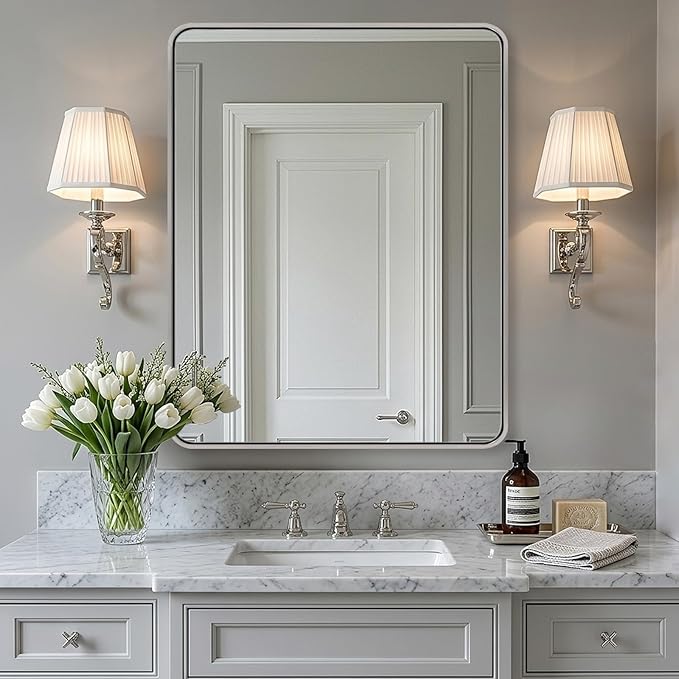 ANDY STAR 24x30'' Chrome Mirrors for Bathroom Sink, Rounded Rectangle Bathroom Vanity Mirror in 1'' Rustproof Seamless Tube Metal Frame, Wall-Mounted Horizontal/Vertical for Home Remodel, Over Sinks