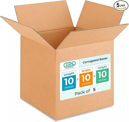 IDL Packaging Cube Corrugated Shipping Boxes 10"L x 10”W x 10"H (Pack of 5) - Excellent Choice of Sturdy Packing Boxes for USPS, UPS, FedEx Shipping,B-101010-5