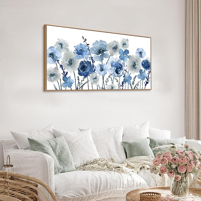 Framed Flowers Canvas Wall Art - Indigo Floral Canvas Pictures Living Room Wall Decor Botanical Canvas Prints Painting Abstract Artwork Bedroom Office Home Decor 20"x 40"