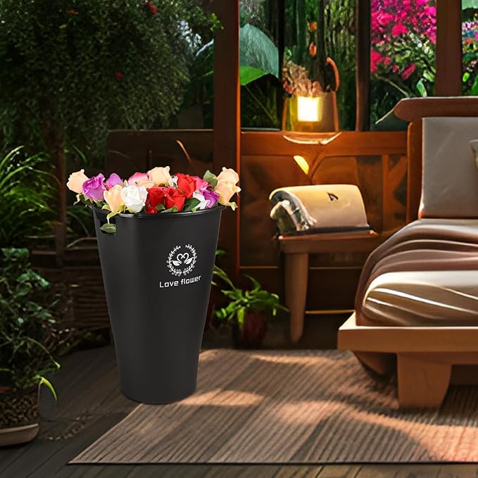 19.68" Tall Large Plastic Floral Bucket, 4 Pack French Flower Bucket with Cutout Handles, Black