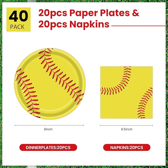 40 Pcs Softball Plates and Napkins Party Supplies, Disposable Paper Plates and Napkins Tableware Set for Sports Theme Softball Birthday Party Decorations Serves 20