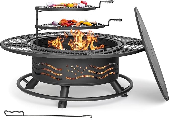 Panovue 47 Inch Fire Pit with 2 Cooking Grates, Outdoor Wood Burning BBQ Grill Firepit Bowl with Cover Lid, Steel Round Table for Backyard Bonfire Patio Picnic (Black, 47IN)