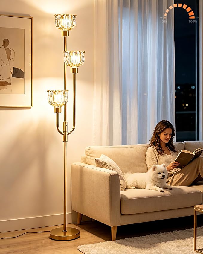 Lightdot 3-Lights Modern Glass Floor Lamp 66IN Gold Dimmable Floor Lamps with 3000K Warm White Bulbs for Wedding Party Tall Standing Lamp with Amber Glass Shade for Living Room/Bedroom/Home Decor