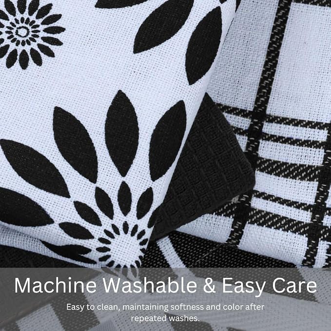 Assorted Kitchen Towels Set of 5-100% Cotton Dish Cloths Towels with Hanging Loop - Soft, Absorbent & Washable for Kitchen Use - Quick Drying Dish Towels 16x26 Inch Black