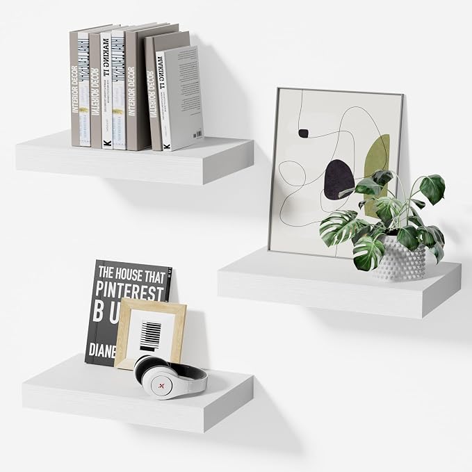 White Floating Shelves for Wall Set of 3, 11.8 Inch Small Wall Shelves for Bathroom Over Toilet, Kitchen & Bedroom Storage, Wall Mounted Shelf Set for Decor, Books & Toiletries