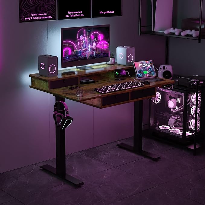 FiCiHi Adjustable Height Standing Desk with 4 Drawers,48 x 30 inches Electric Sit Stand Home Office Desk with Two Tiers, 3 Memory Presets, Monitor Stand Riser, USB A/C Charging Port