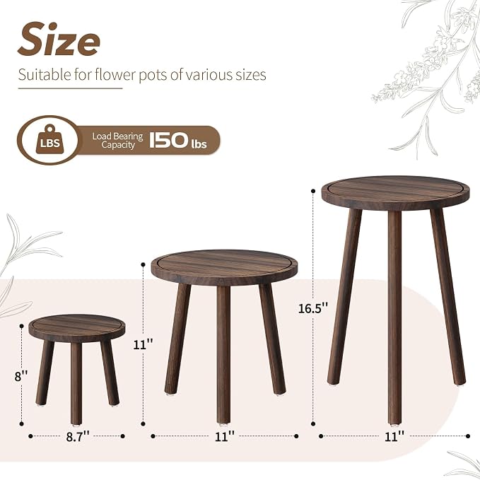 Uneedem Plant Stand Indoor - 3-Pack Taller Single Wood Plant Stand for 6-12 Inch Pots, Mid-Century Modern Plants Stool for Large Plants, Small Round Wooden Planter Table for Living Room, Balcony