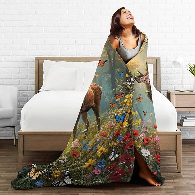 Forest Deer Blanket Hunting Elk Throw Blanket Wildlife Soft Cozy Fleece Fuzzy Stuffed Plush Flannel Gifts for Girls Women Boys Kids Adults 50"X60"
